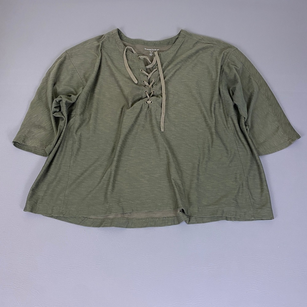 Woman Within Tunic Top Women's 2X 26/28 Olive Green Lace Up Slub Knit 3/4 Sleeve